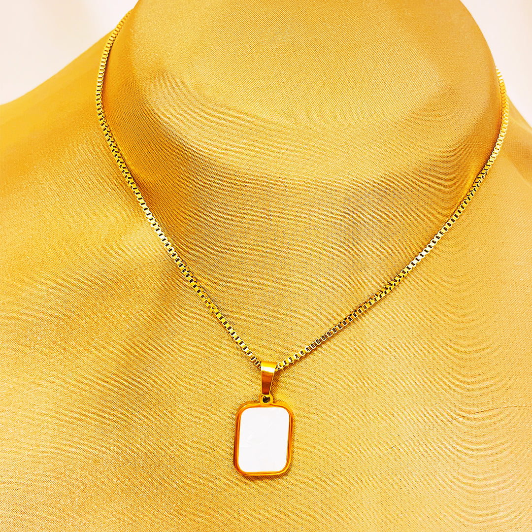 Elaria Rectangular Two Sided Charm Stainless Steel Necklace – 18K Gold Plated