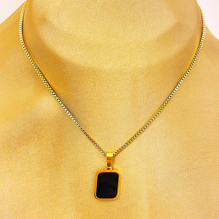 Elaria Rectangular Two Sided Charm Stainless Steel Necklace – 18K Gold Plated