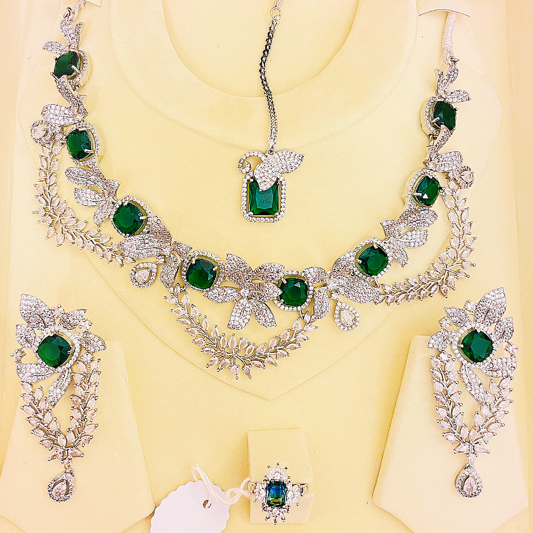 Aurelia Emerald CZ Floral Necklace Set With Bindiya Earrings