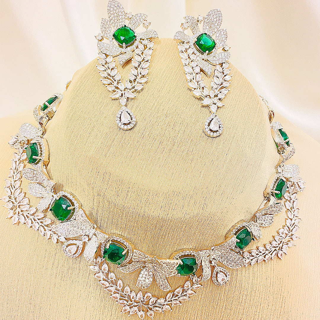 Aurelia Emerald CZ Floral Necklace Set With Bindiya Earrings