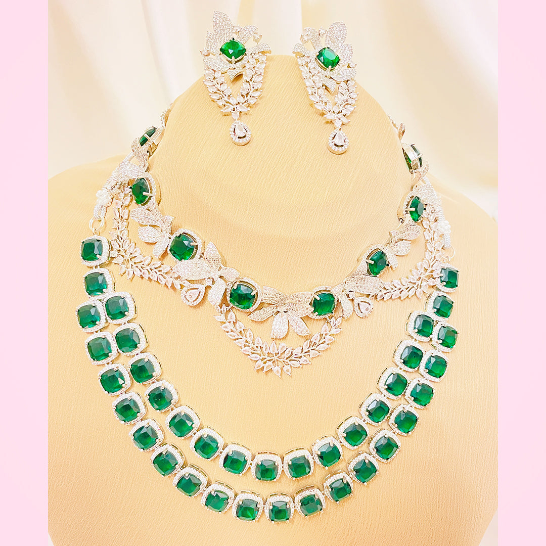 Aurelia Emerald CZ Floral Necklace Set With Bindiya Earrings