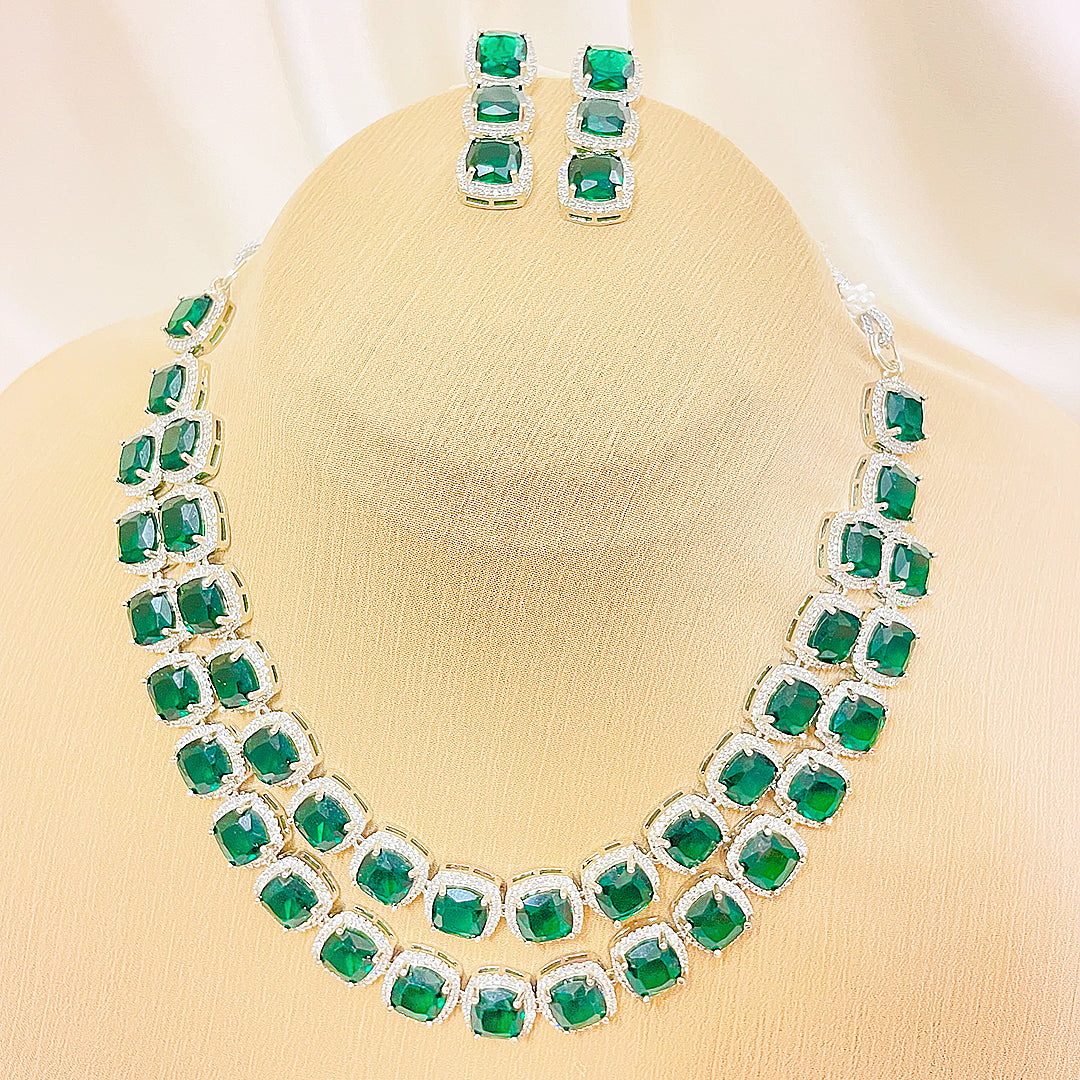 Elanora AD Necklace & Earrings Set - Double Layered Cushion