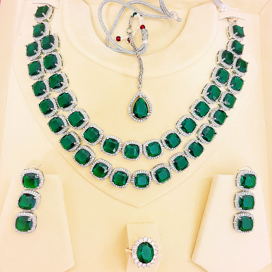 Elanora AD Necklace & Earrings Set - Double Layered Cushion
