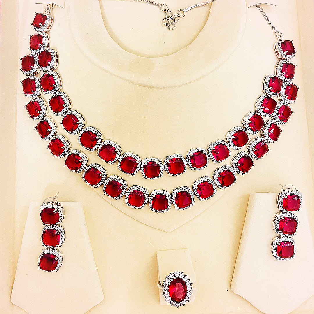 Elanora AD Necklace & Earrings Set - Double Layered Cushion