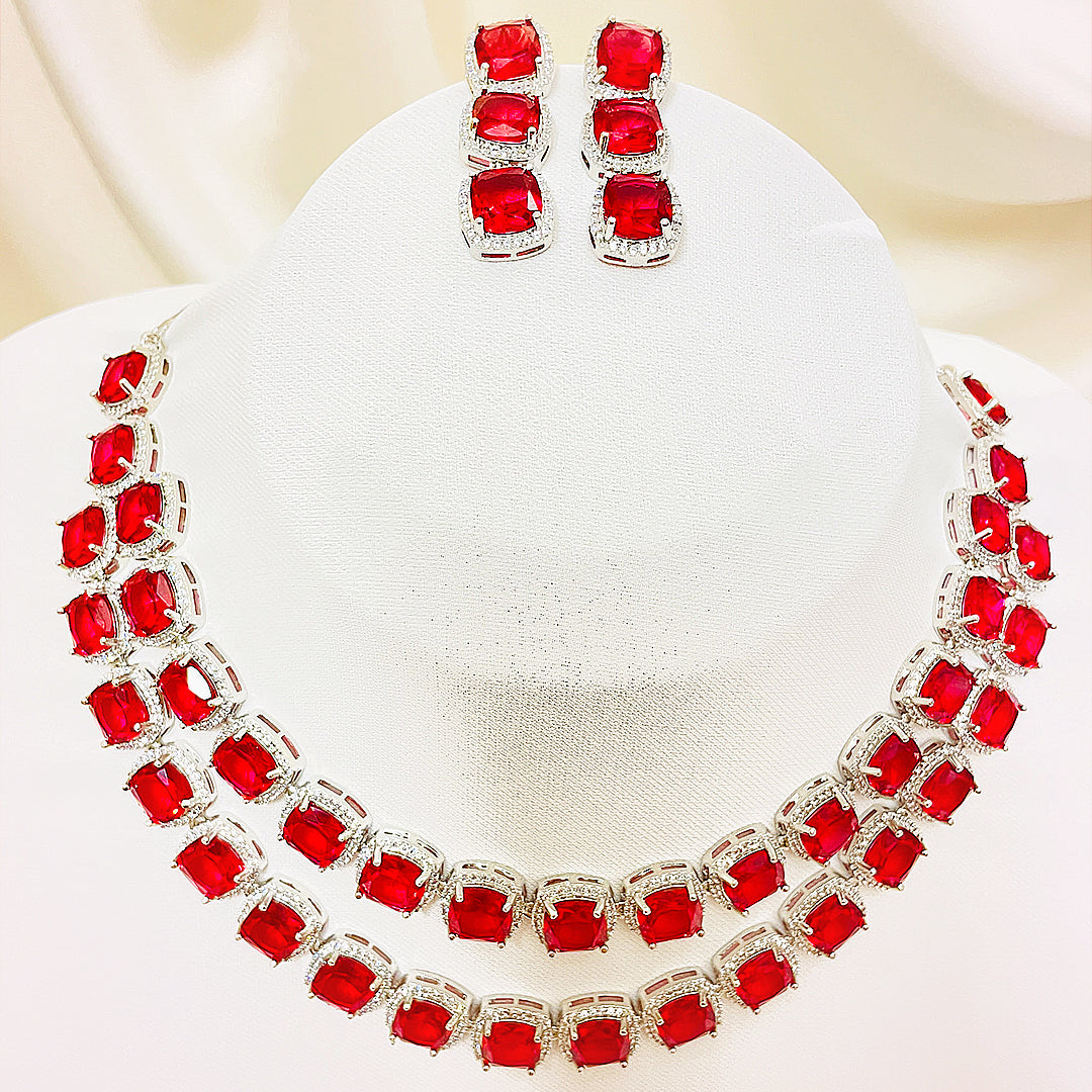 Elanora AD Necklace & Earrings Set - Double Layered Cushion