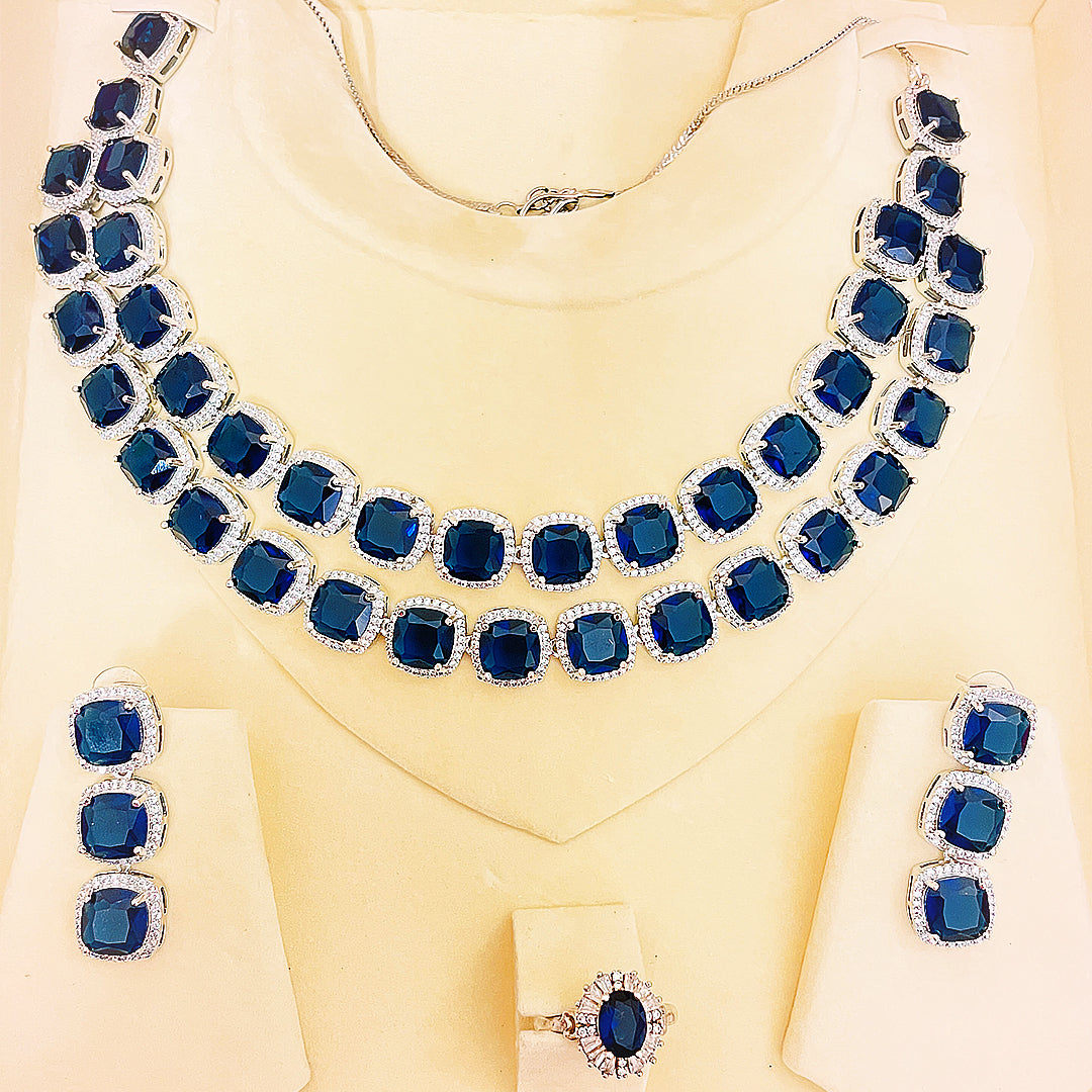 Elanora AD Necklace & Earrings Set - Double Layered Cushion