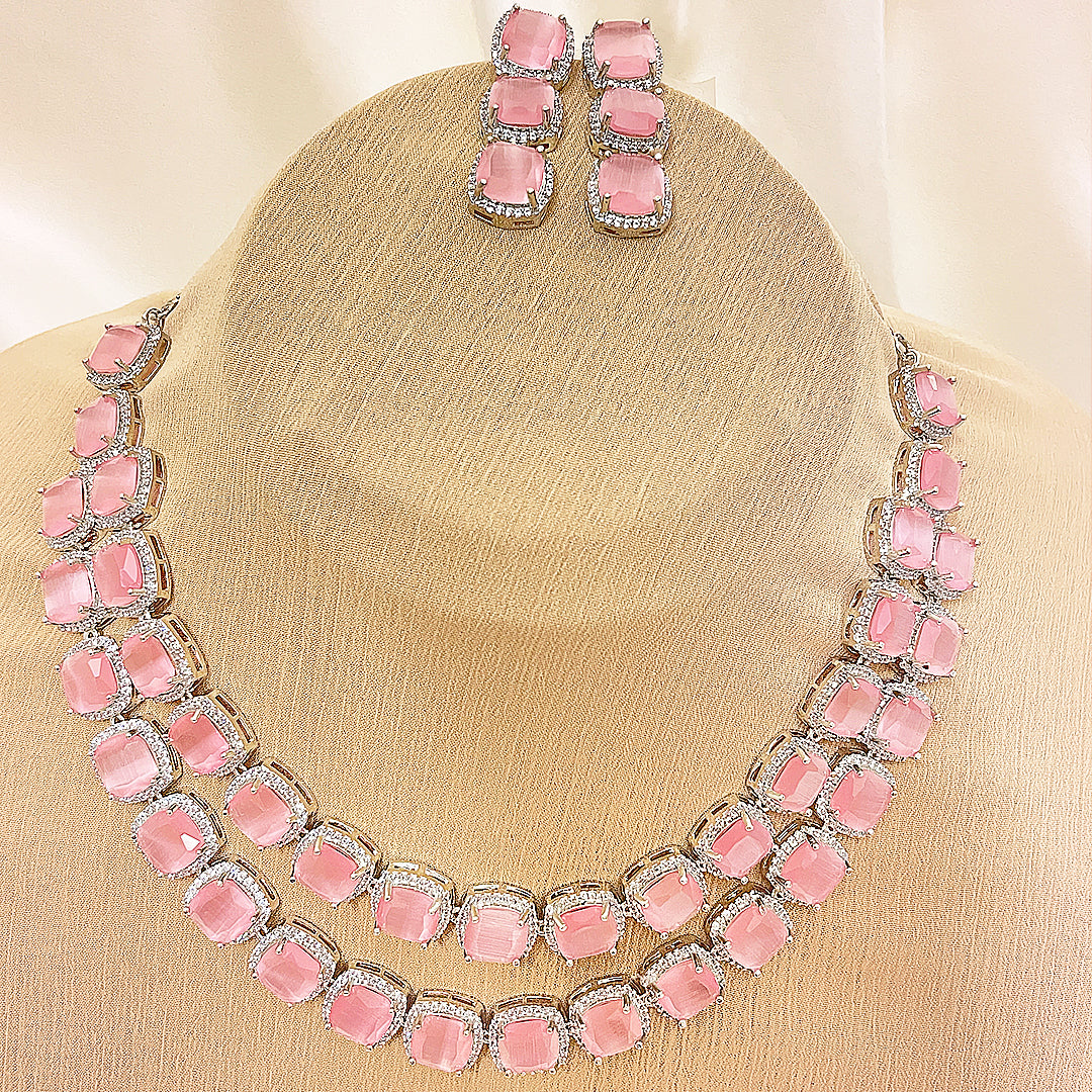 Elanora AD Necklace & Earrings Set - Double Layered Cushion