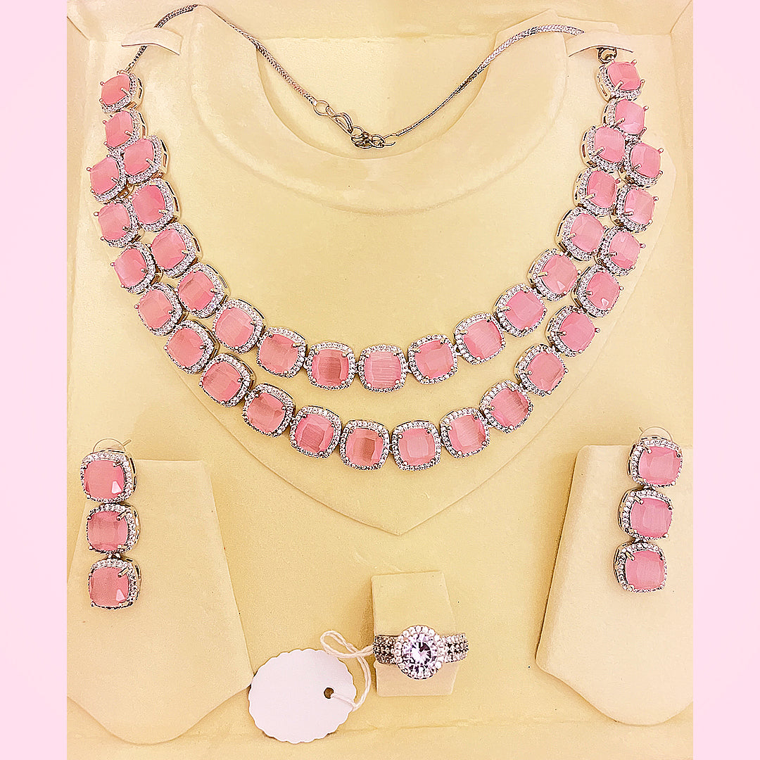 Elanora AD Necklace & Earrings Set - Double Layered Cushion