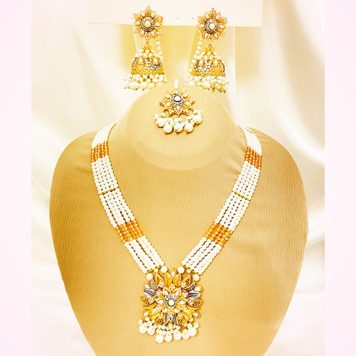 Elina Pearl & Golden Beaded 4-Piece Mala Set With Floral Pendant & Jhumkas