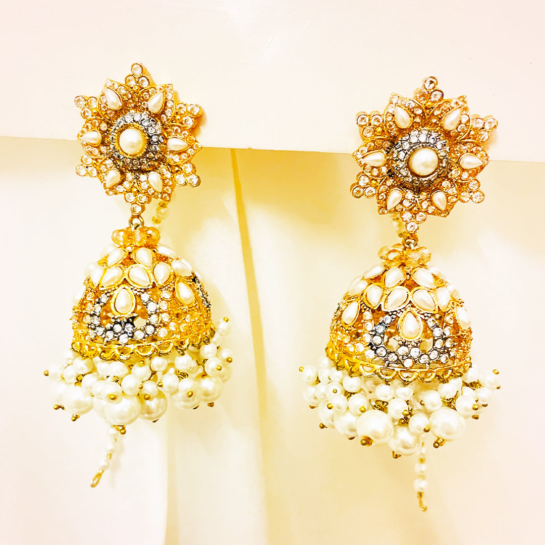 Elina Pearl & Golden Beaded 4-Piece Mala Set With Floral Pendant & Jhumkas