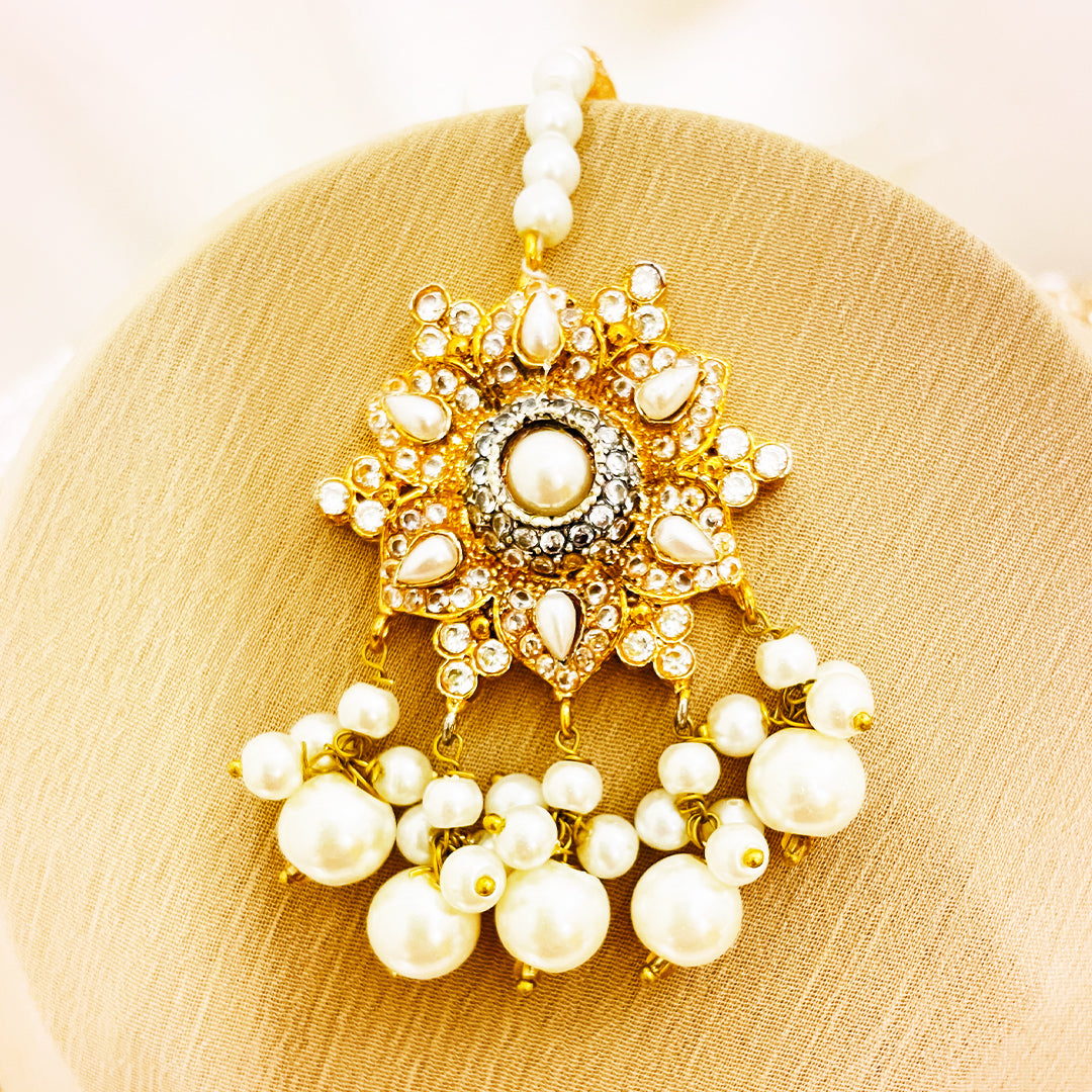 Elina Pearl & Golden Beaded 4-Piece Mala Set With Floral Pendant & Jhumkas