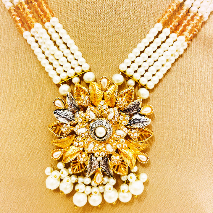 Elina Pearl & Golden Beaded 4-Piece Mala Set With Floral Pendant & Jhumkas