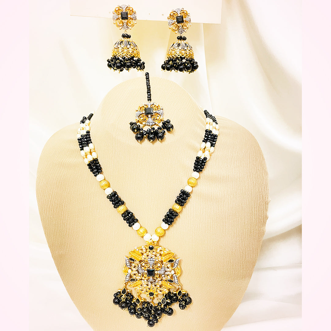 Naeema Black & White Beaded 4-Piece Mala Set With Golden Floral Pendant & Jhumkas