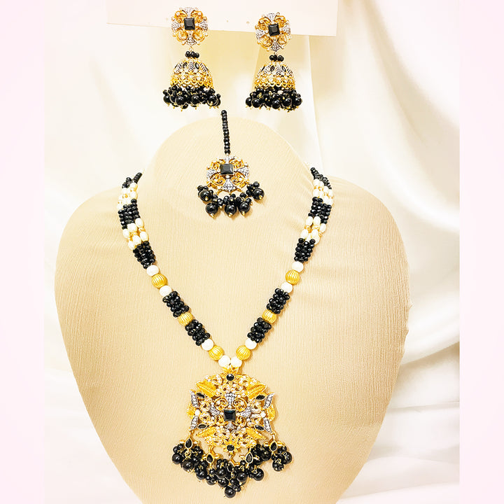 Naeema Black & White Beaded 4-Piece Mala Set With Golden Floral Pendant & Jhumkas