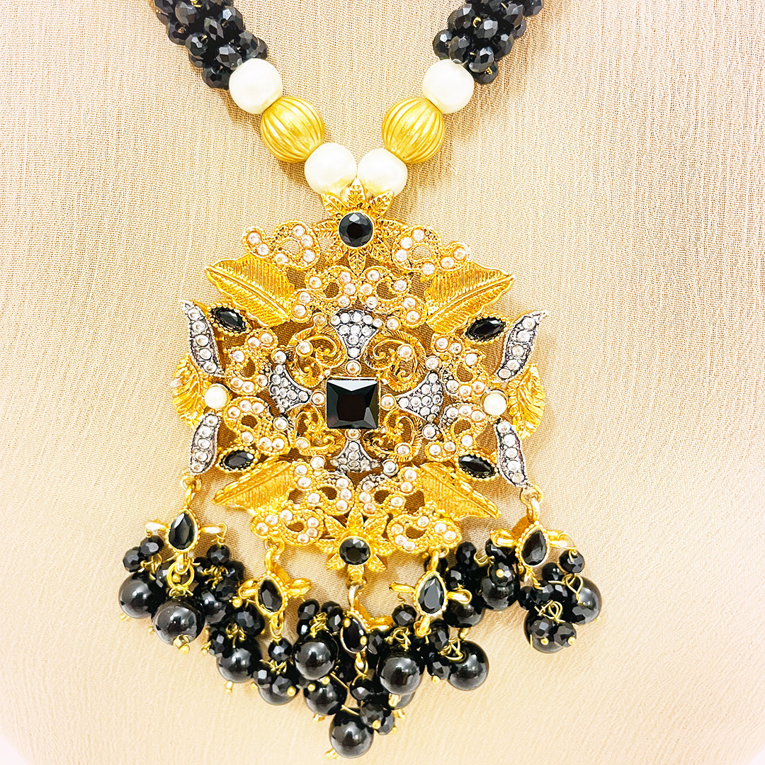 Naeema Black & White Beaded 4-Piece Mala Set With Golden Floral Pendant & Jhumkas