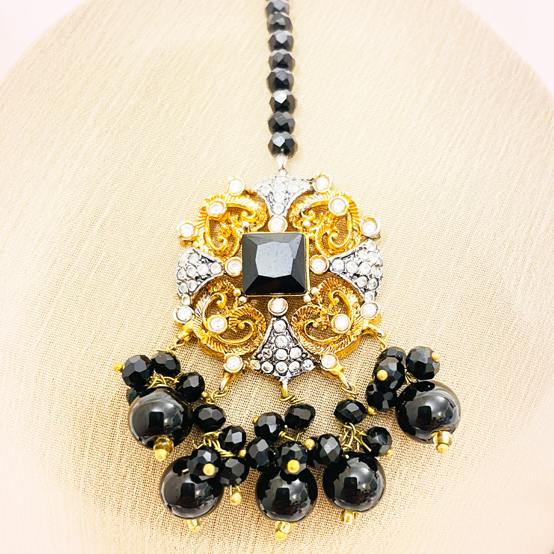 Naeema Black & White Beaded 4-Piece Mala Set With Golden Floral Pendant & Jhumkas