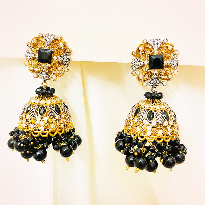 Naeema Black & White Beaded 4-Piece Mala Set With Golden Floral Pendant & Jhumkas