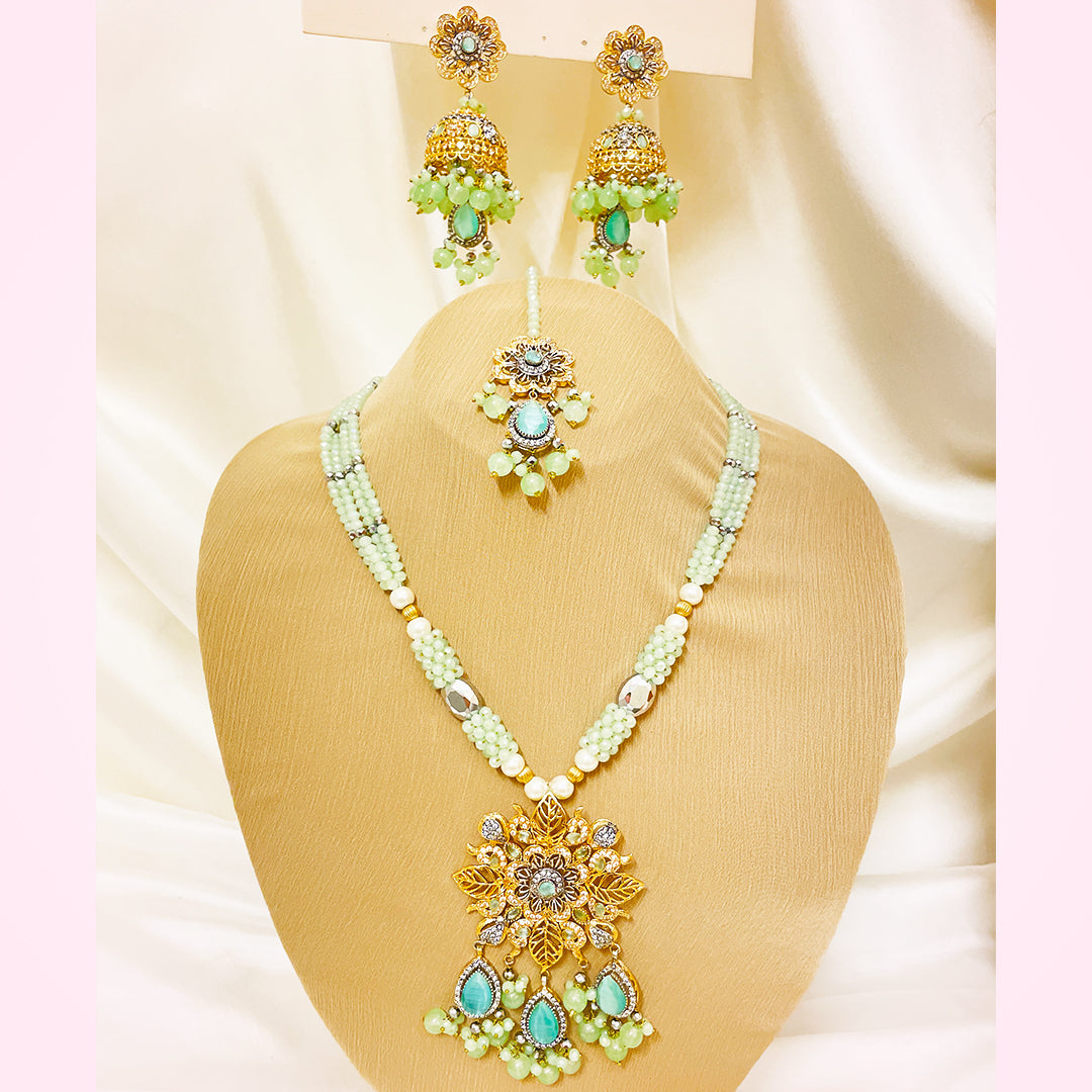 Afeera Big Floral Stonework 4-Piece Mala Set With Jhumkas & Tikka