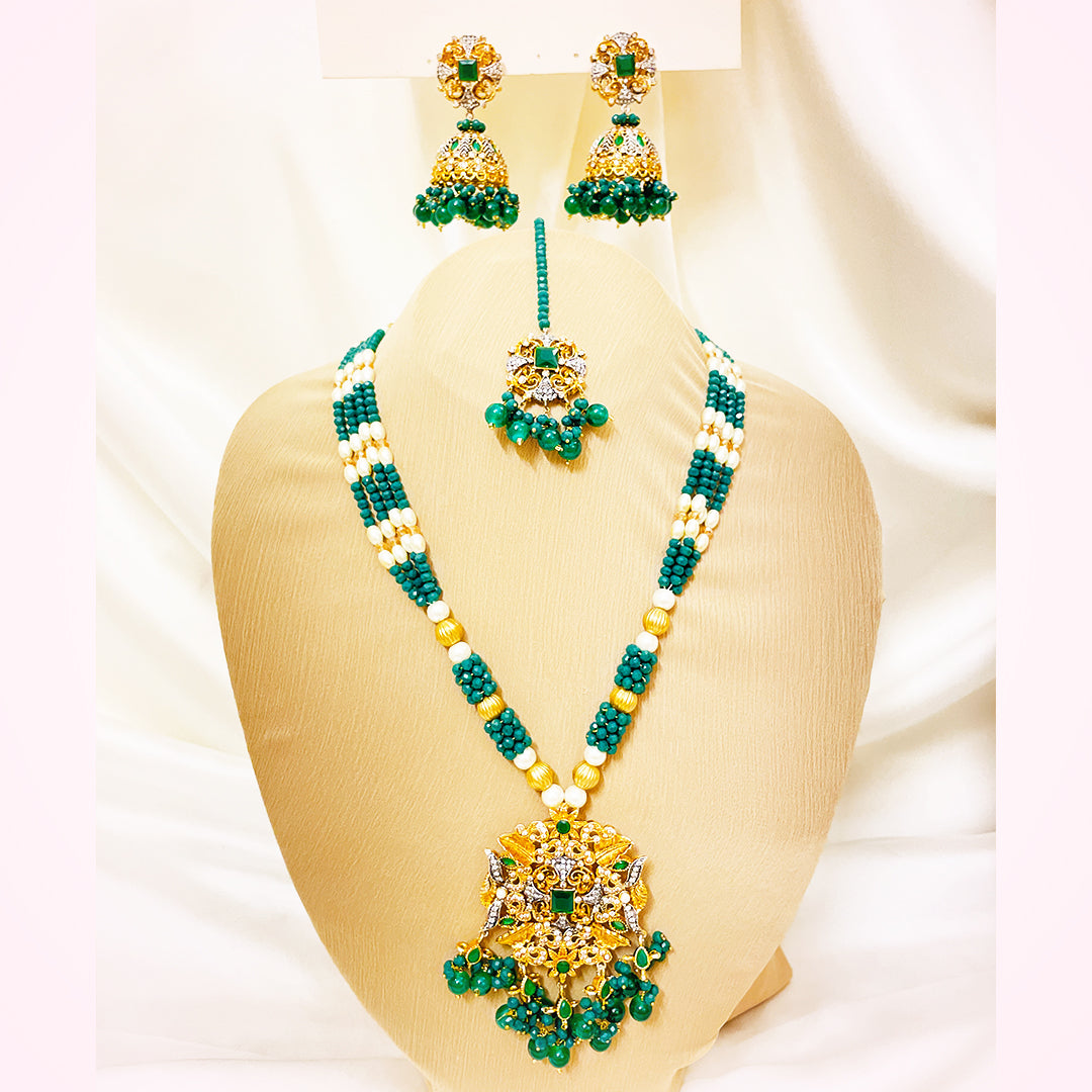 Mahira Emerald Green Beaded 4-Piece Mala Set With Jhumkas & Tikka