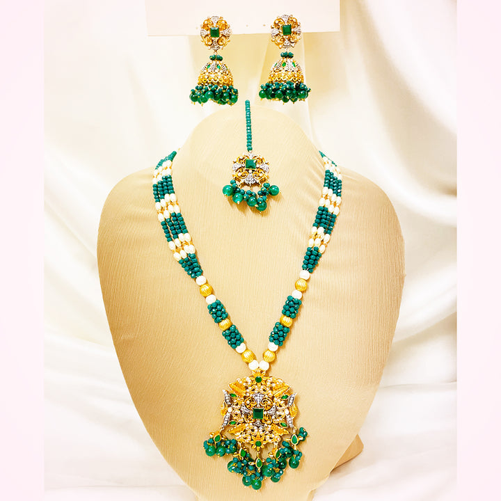 Mahira Emerald Green Beaded 4-Piece Mala Set With Jhumkas & Tikka