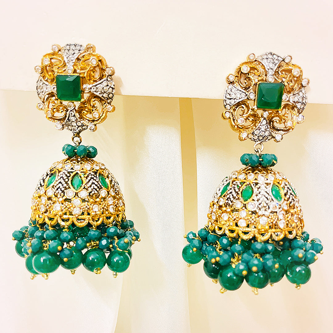 Mahira Emerald Green Beaded 4-Piece Mala Set With Jhumkas & Tikka