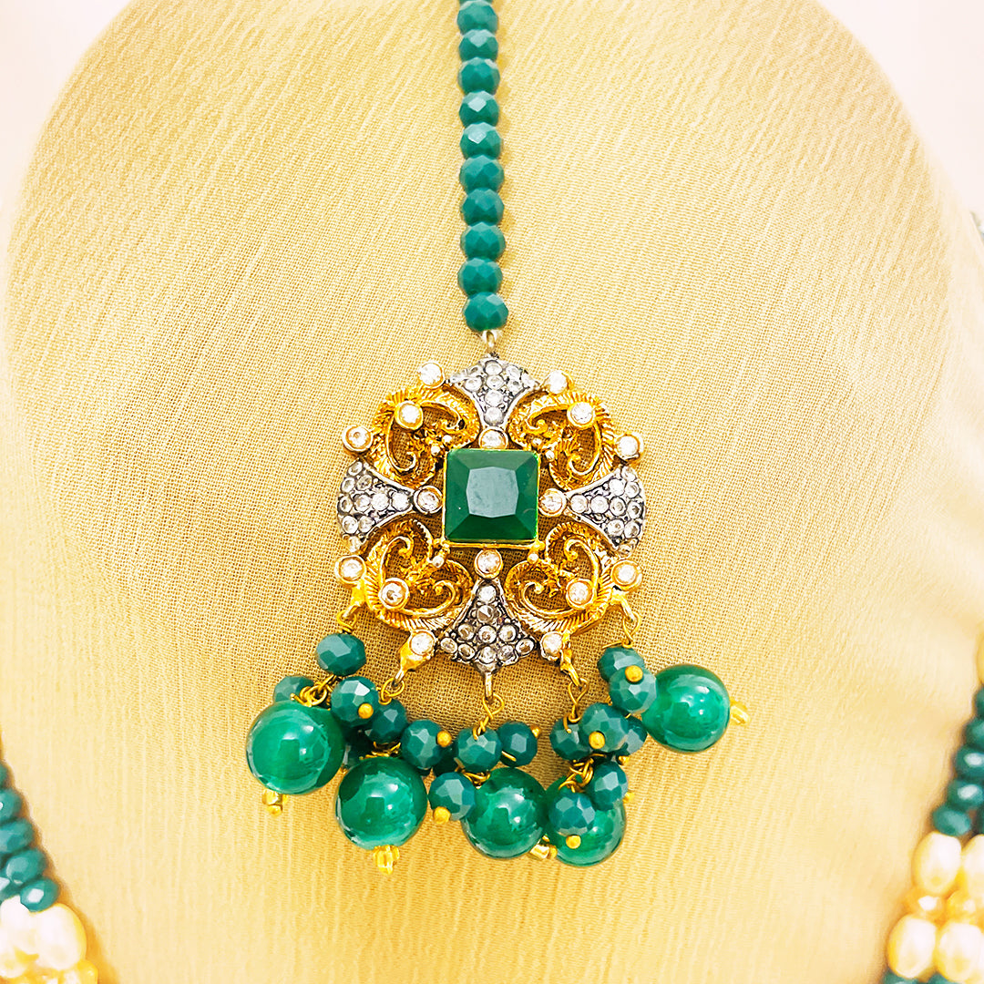 Mahira Emerald Green Beaded 4-Piece Mala Set With Jhumkas & Tikka