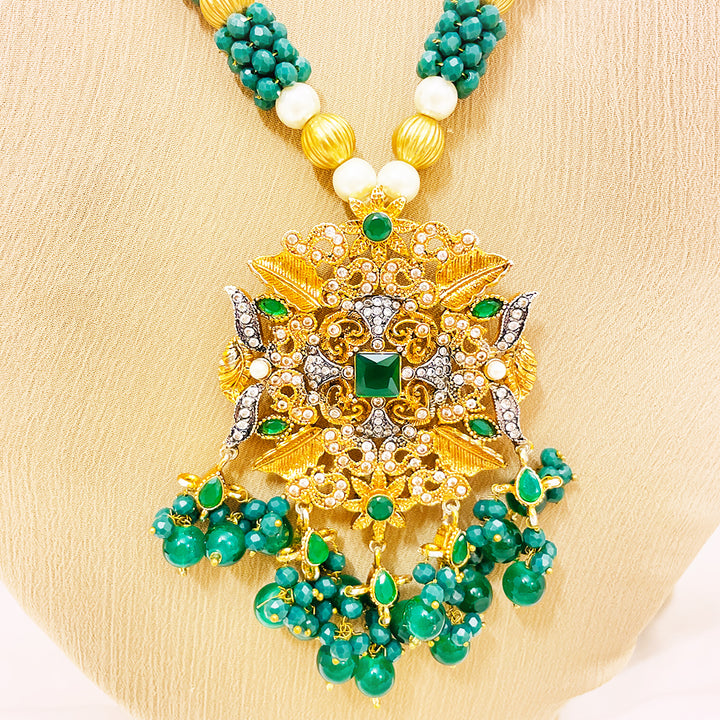 Mahira Emerald Green Beaded 4-Piece Mala Set With Jhumkas & Tikka