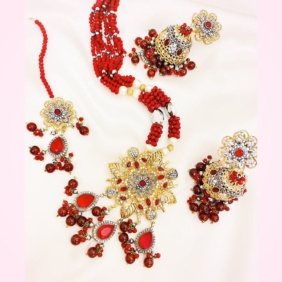 Afeera Big Floral Stonework 4-Piece Mala Set With Jhumkas & Tikka