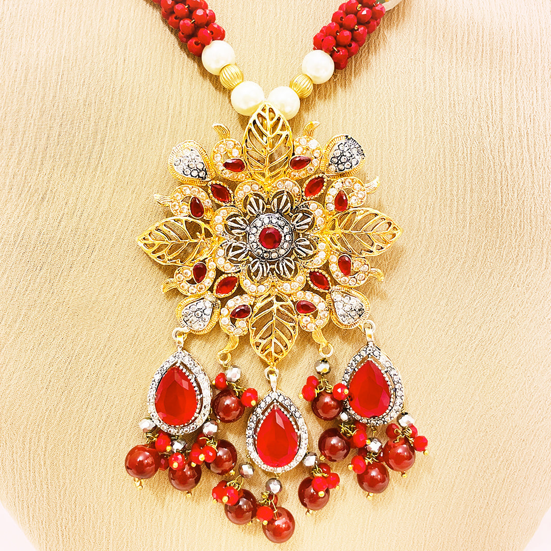 Afeera Big Floral Stonework 4-Piece Mala Set With Jhumkas & Tikka