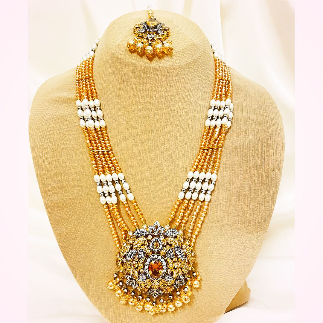Saffronya 4-Piece Big Pendant Mala Set With Golden Beads & Pearls