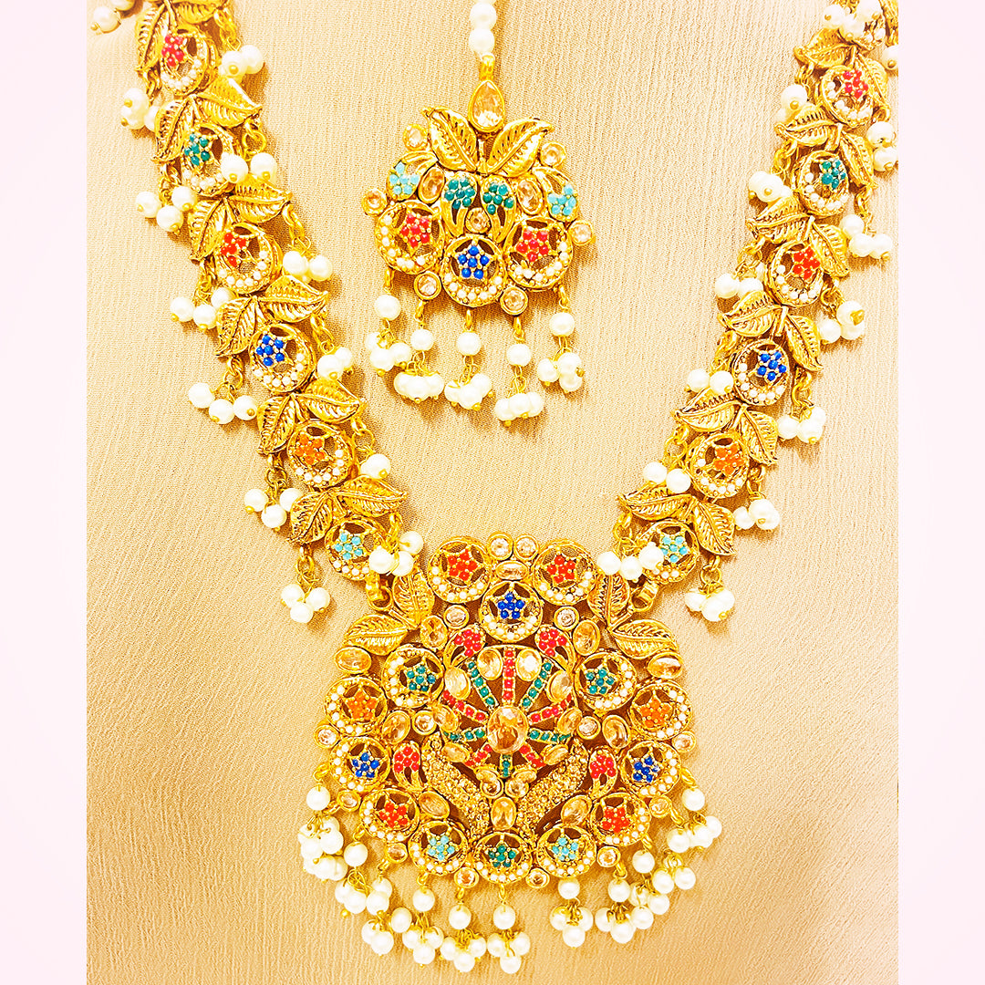 Rattan 4-Piece Big Multicolor Floral Mala Set With Gold Polish