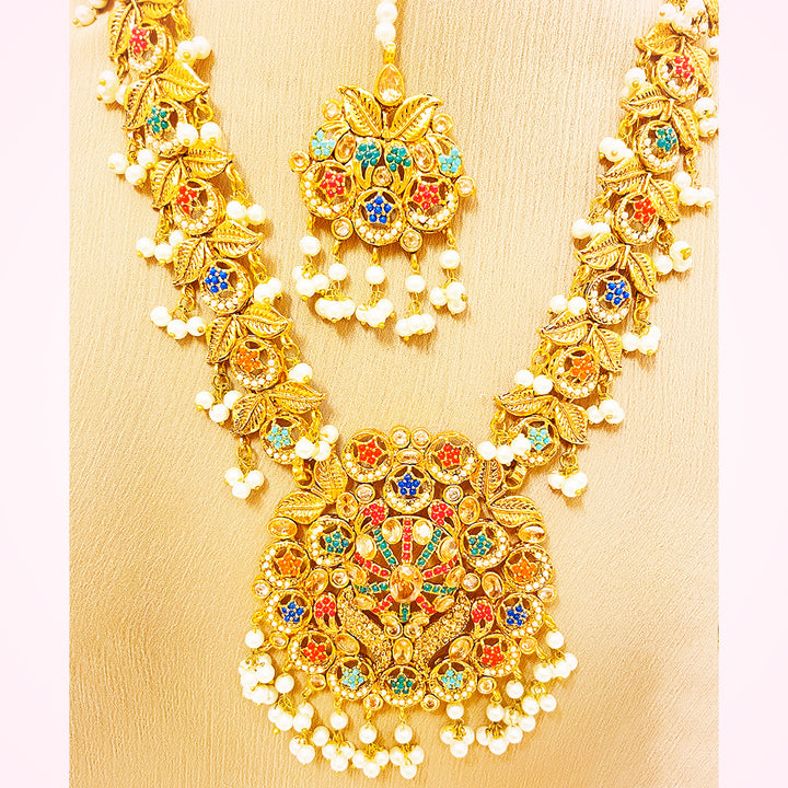Rattan 4-Piece Big Multicolor Floral Mala Set With Gold Polish
