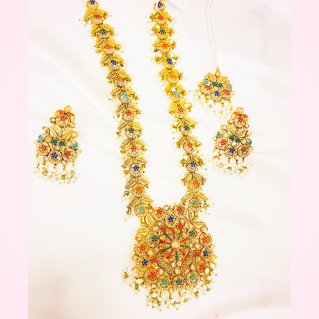 Rattan 4-Piece Big Multicolor Floral Mala Set With Gold Polish