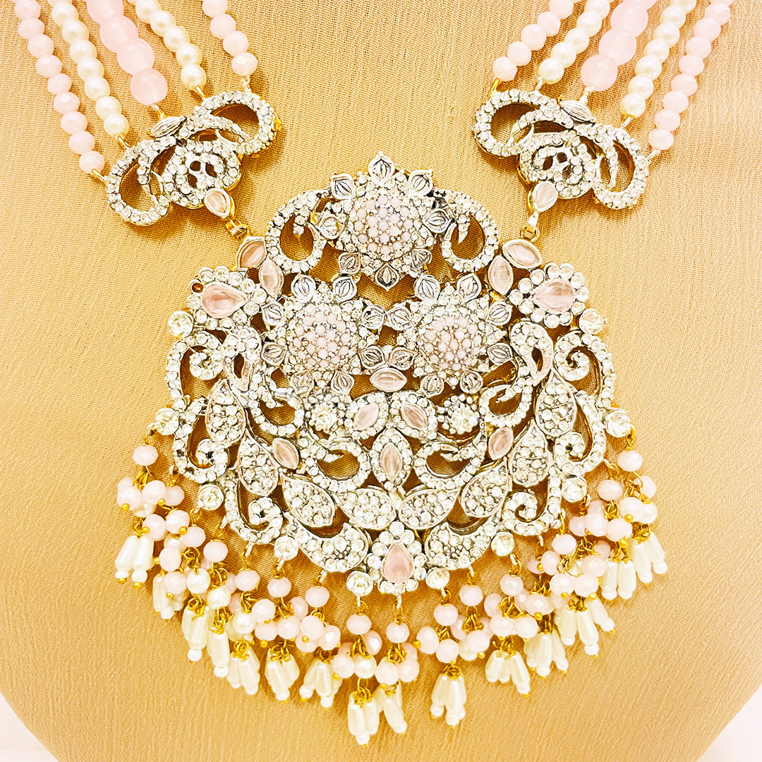 Mahnoor 4-Piece Baby Pink Beaded Mala Set With Silver AD Work