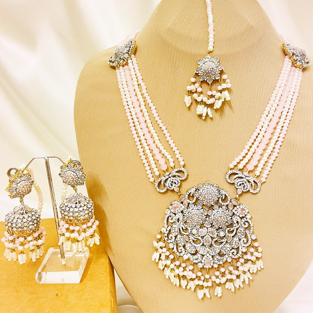 Mahnoor 4-Piece Baby Pink Beaded Mala Set With Silver AD Work
