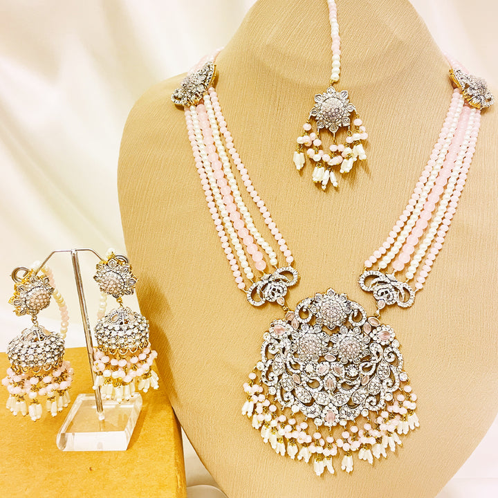 Mahnoor 4-Piece Baby Pink Beaded Mala Set With Silver AD Work