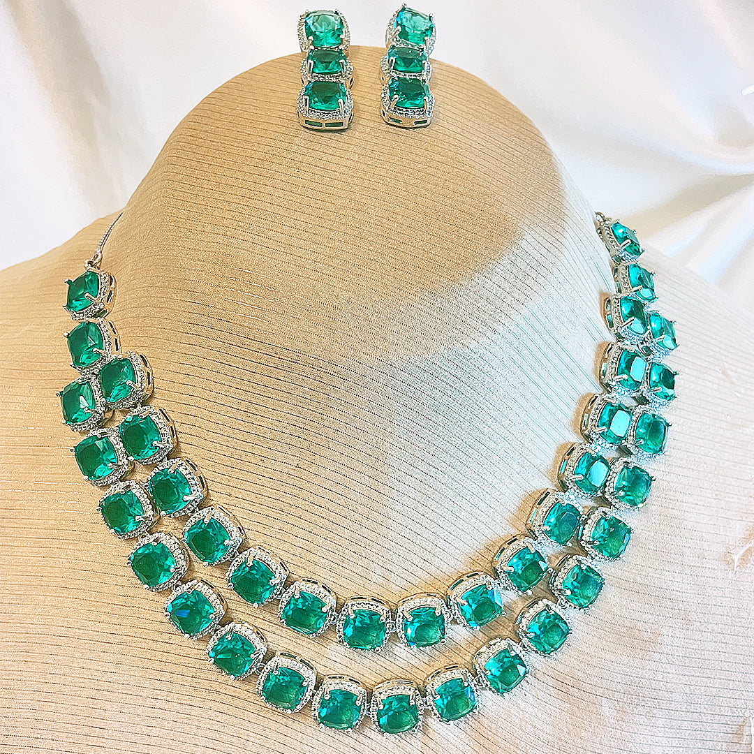 Elanora AD Necklace & Earrings Set - Double Layered Cushion