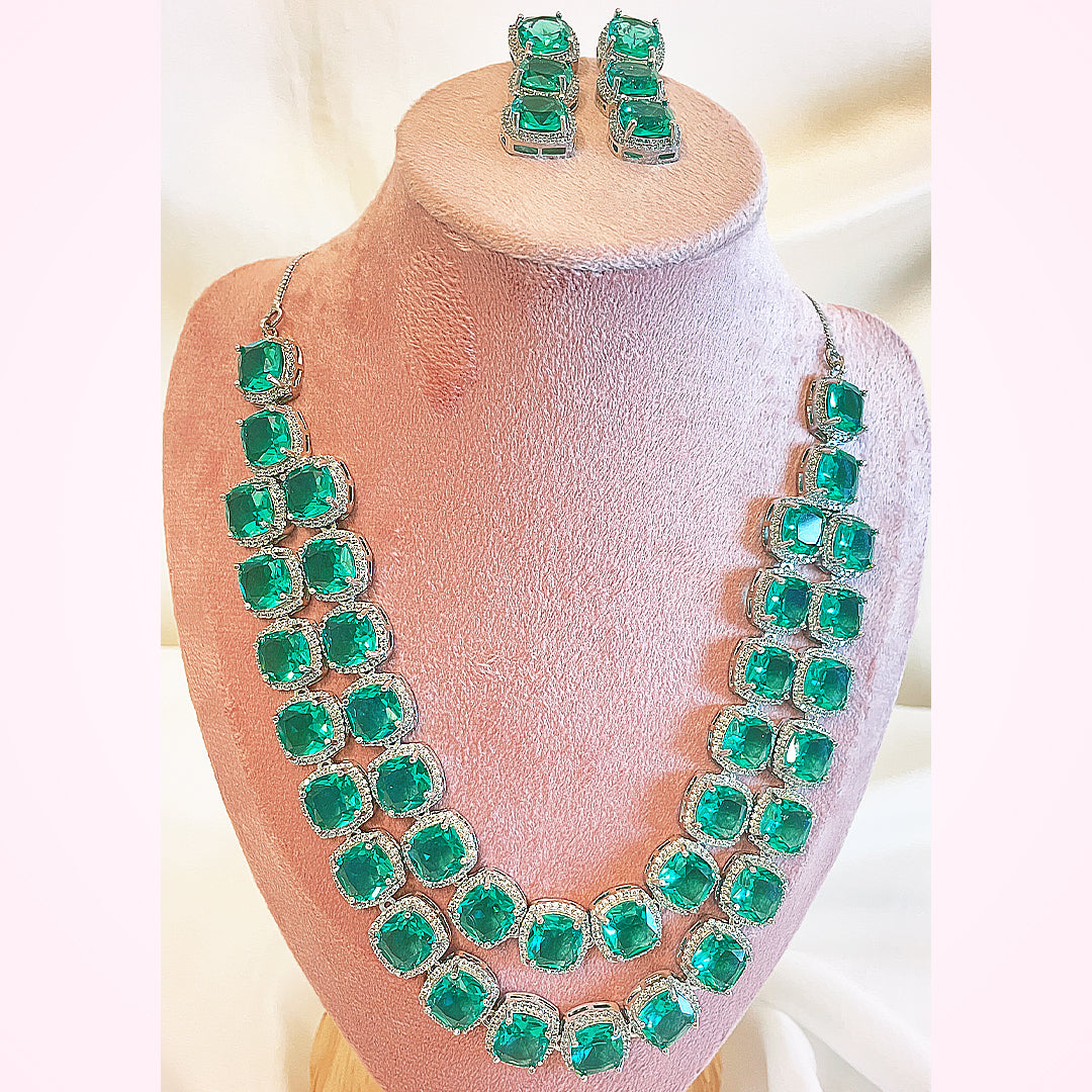 Elanora AD Necklace & Earrings Set - Double Layered Cushion
