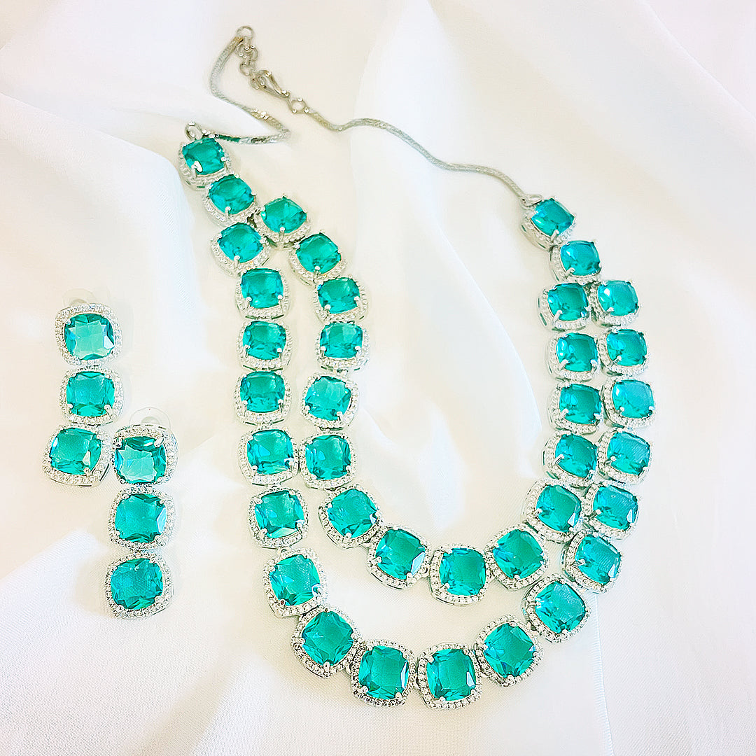 Elanora AD Necklace & Earrings Set - Double Layered Cushion