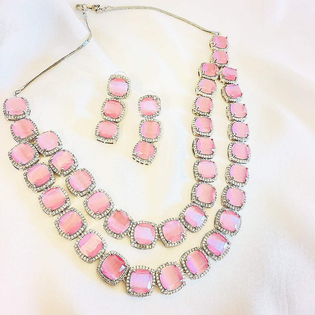 Elanora AD Necklace & Earrings Set - Double Layered Cushion