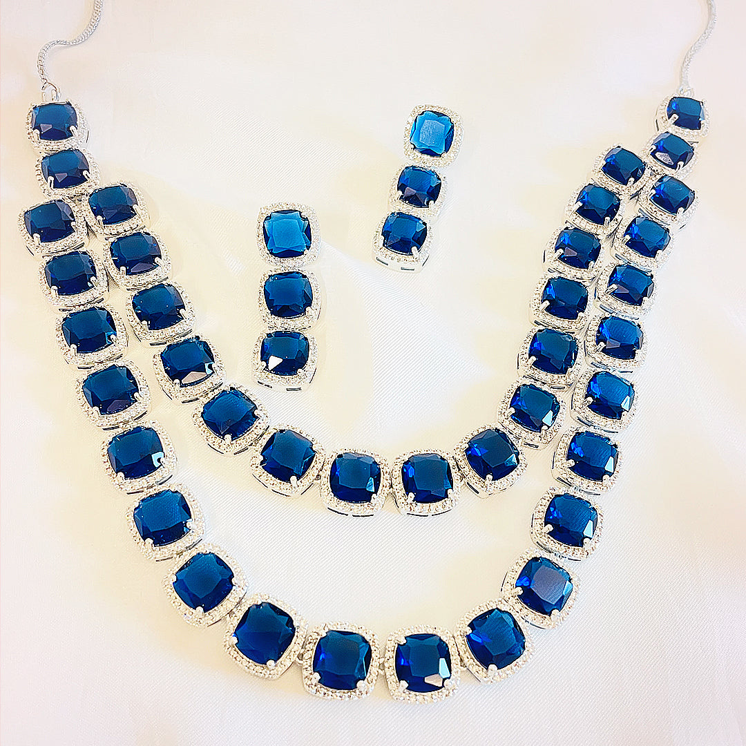 Elanora AD Necklace & Earrings Set - Double Layered Cushion