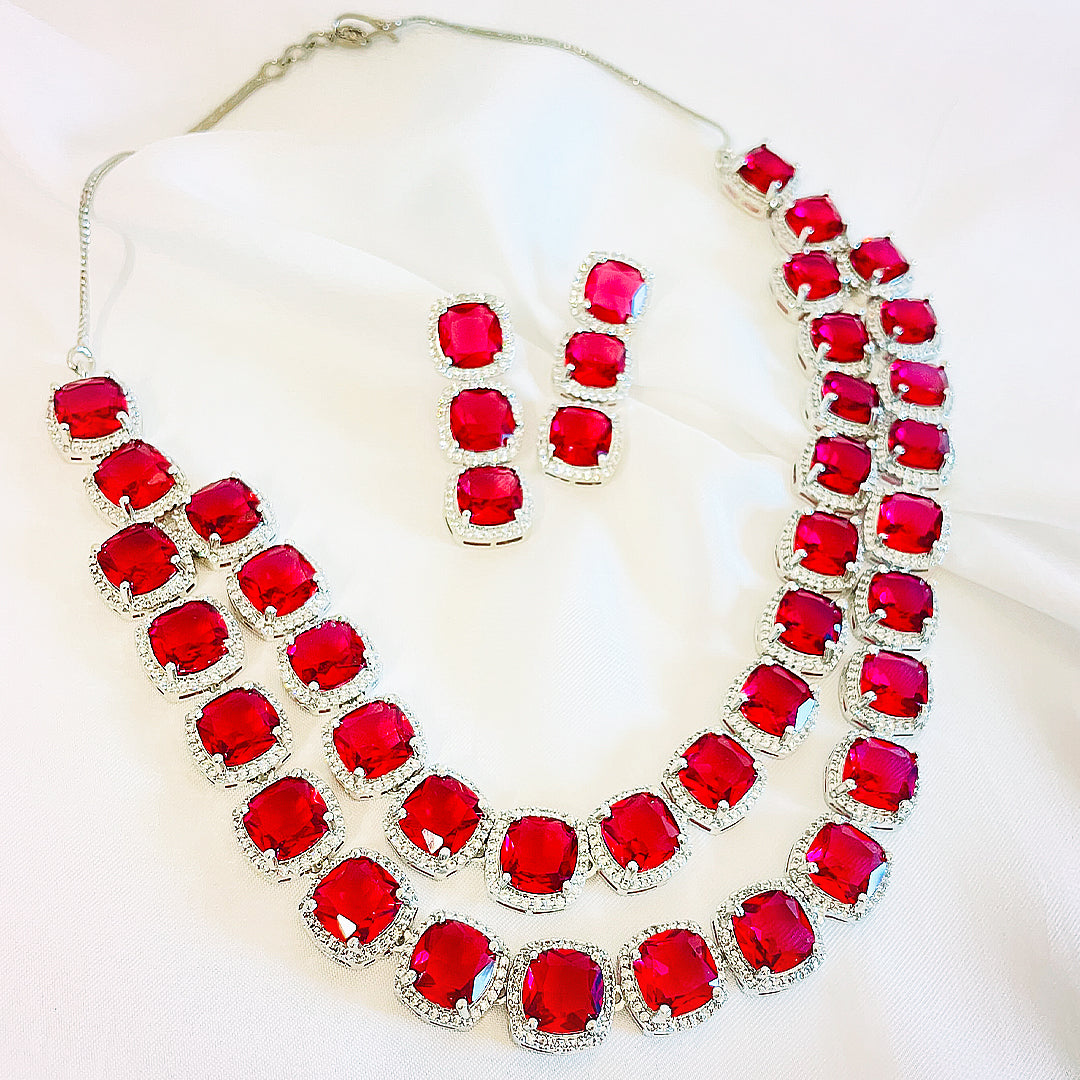 Elanora AD Necklace & Earrings Set - Double Layered Cushion