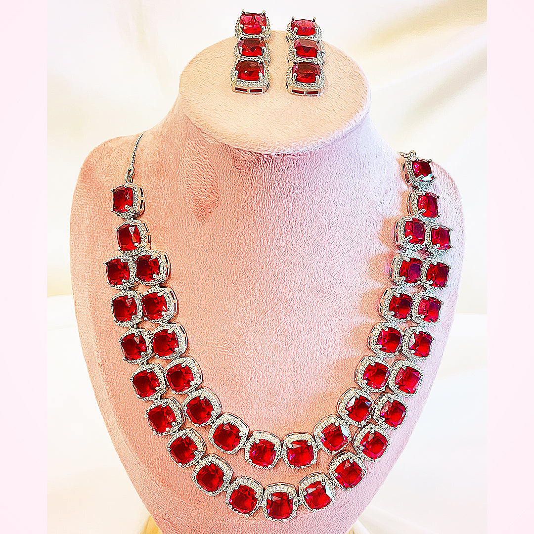 Elanora AD Necklace & Earrings Set - Double Layered Cushion