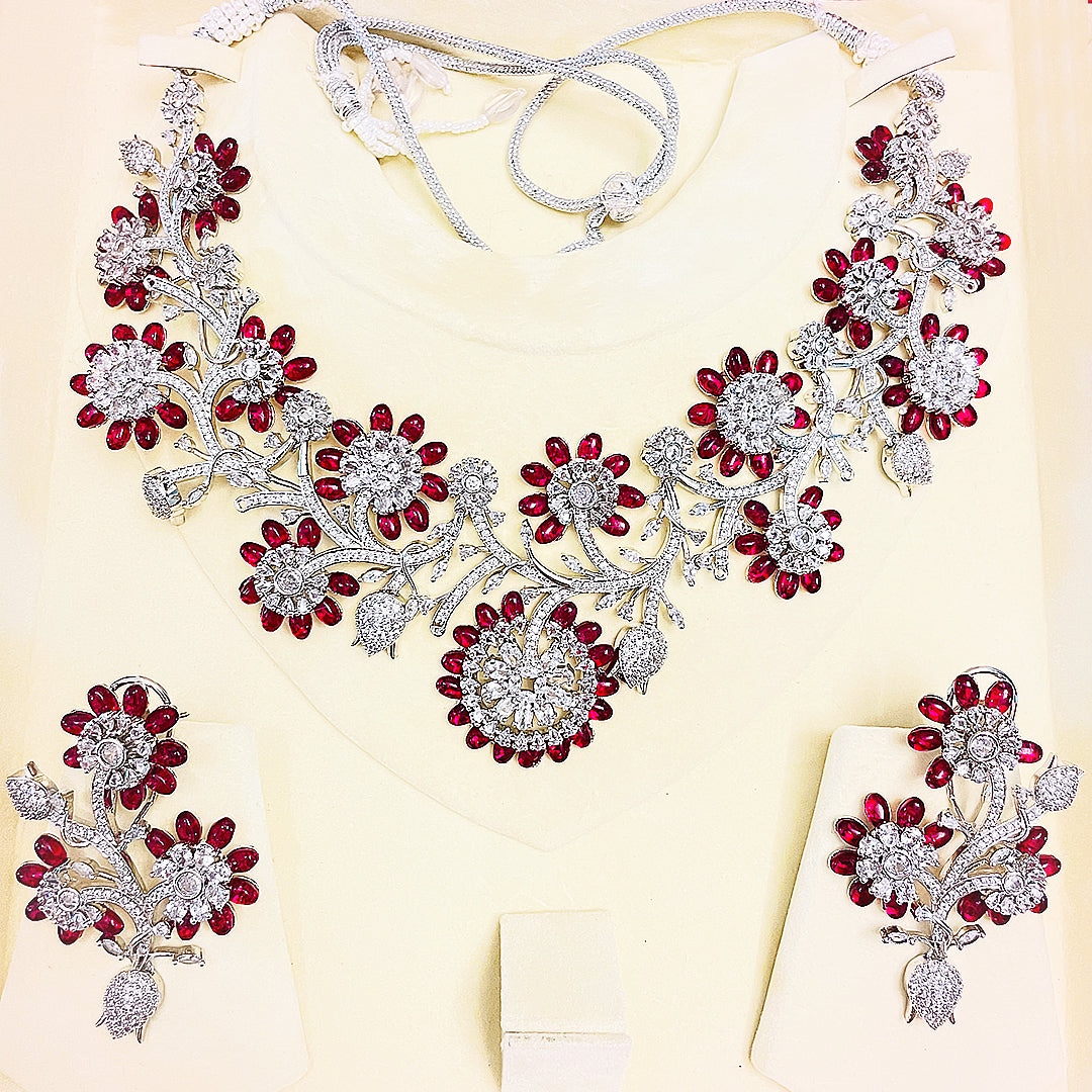 Sofia Floral Bloom Necklace Set With Statement Earrings & Bindiya