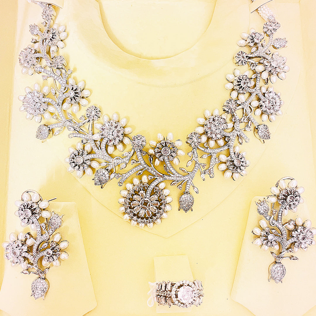 Sofia Floral Bloom Necklace Set With Statement Earrings & Bindiya