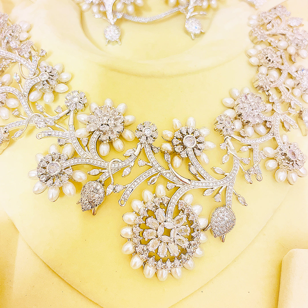 Sofia Floral Bloom Necklace Set With Statement Earrings & Bindiya