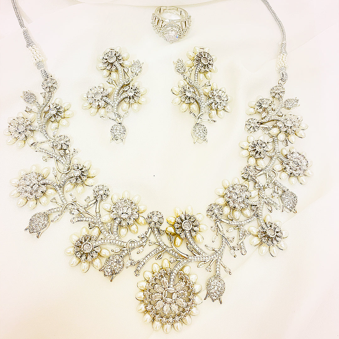 Sofia Floral Bloom Necklace Set With Statement Earrings & Bindiya