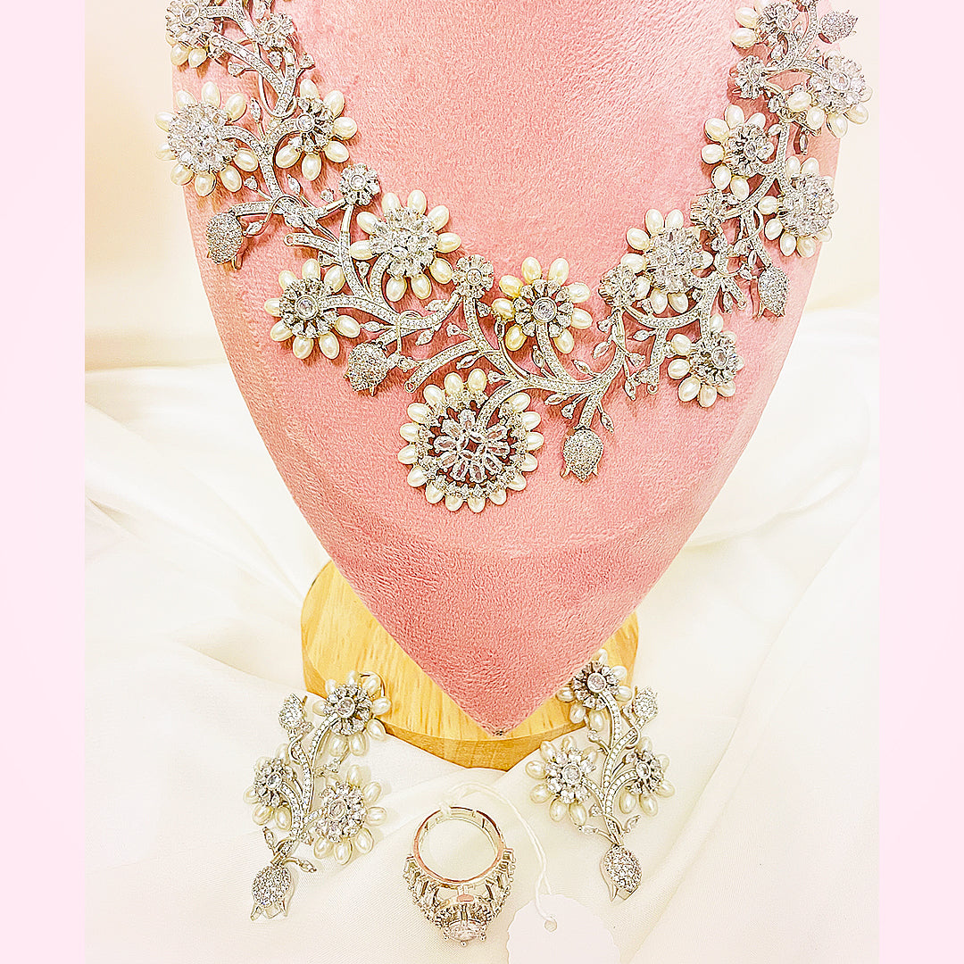 Sofia Floral Bloom Necklace Set With Statement Earrings & Bindiya