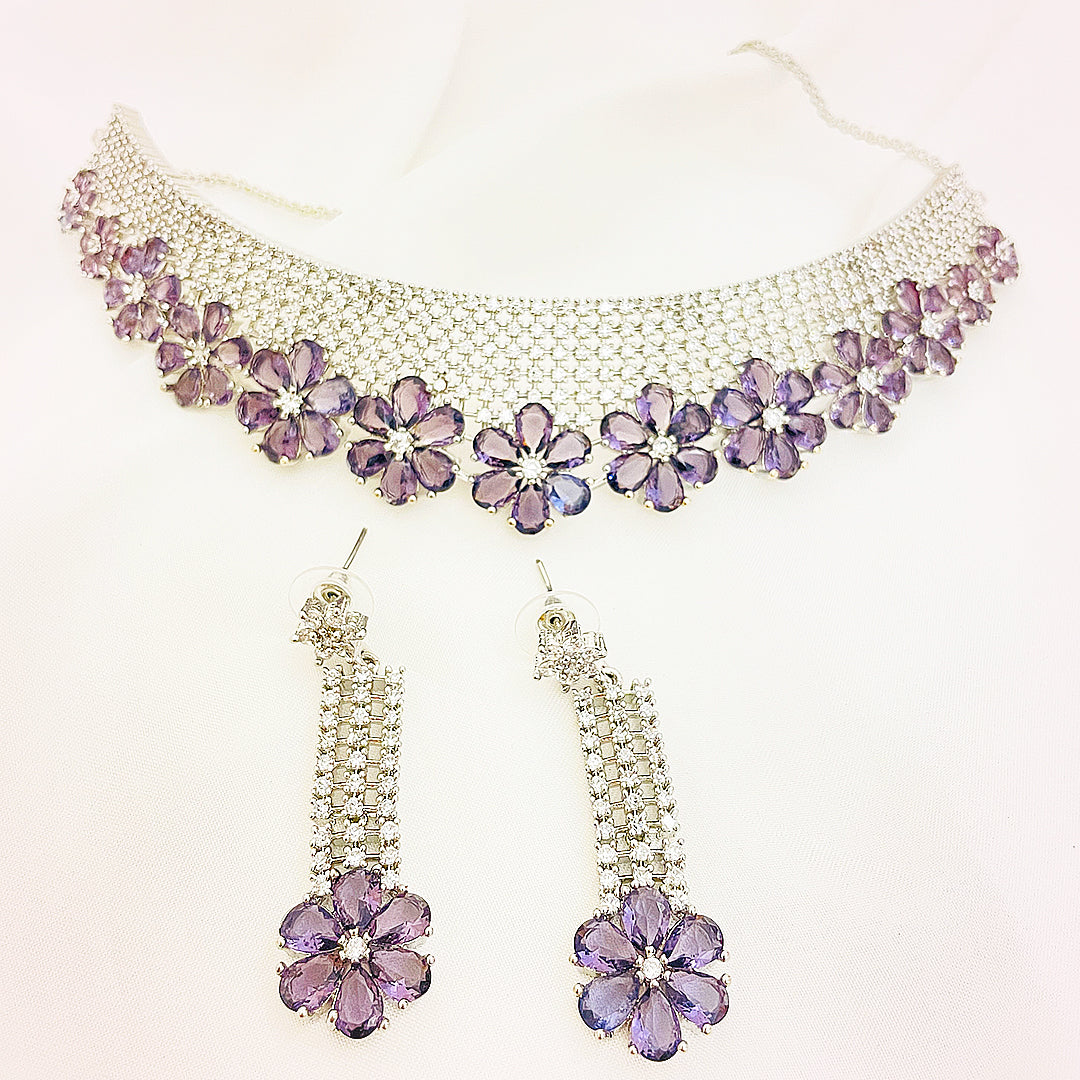 Rania CZ Floral Choker Necklace Set With Drop Earrings & Bindiya