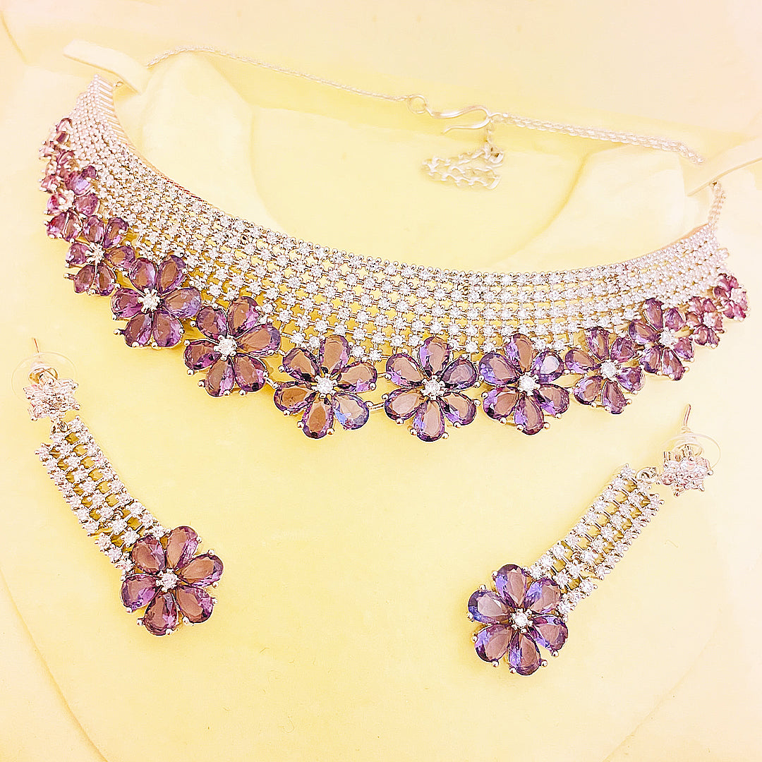 Rania CZ Floral Choker Necklace Set With Drop Earrings & Bindiya